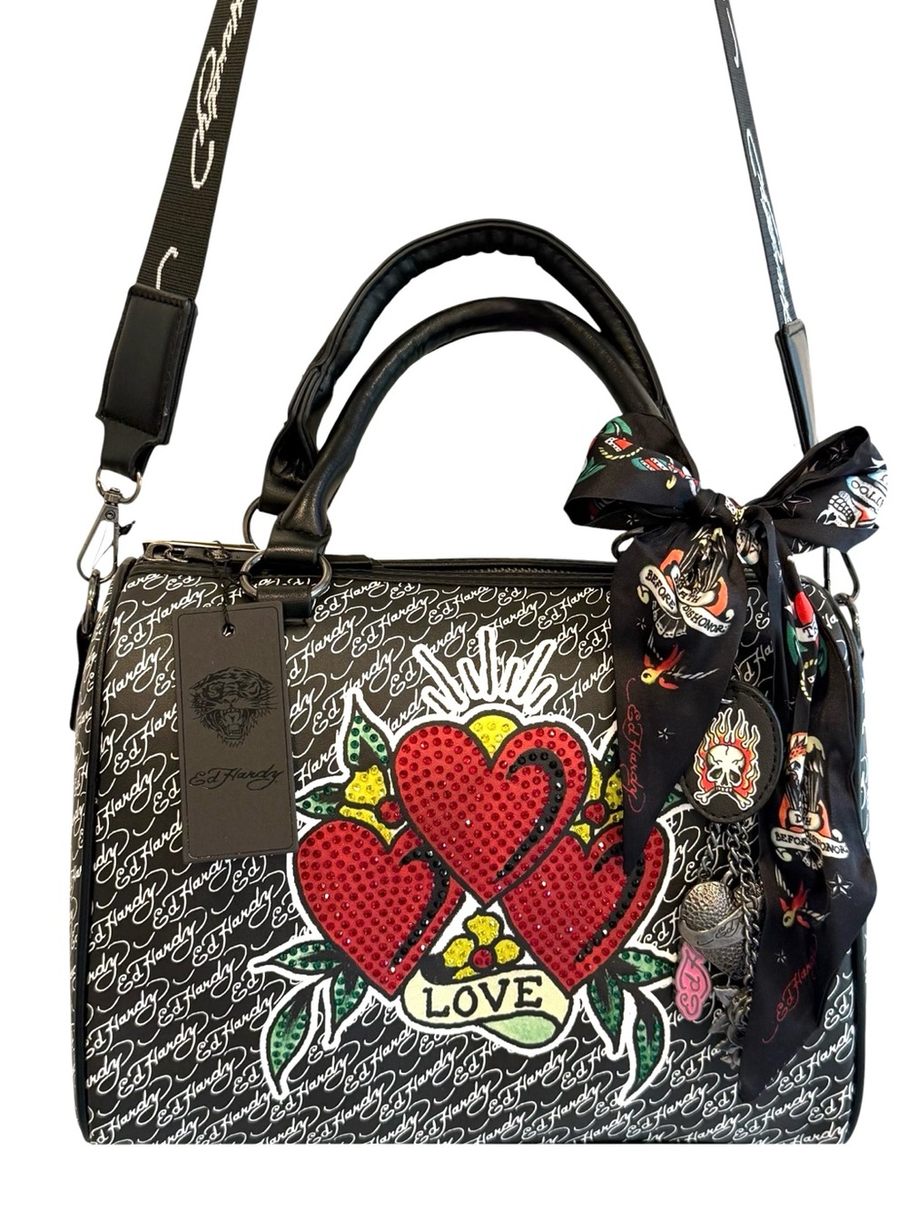 Ed Hardy Black Satchel with Red Crystal Hearts and Printed EH Scarf - NWT